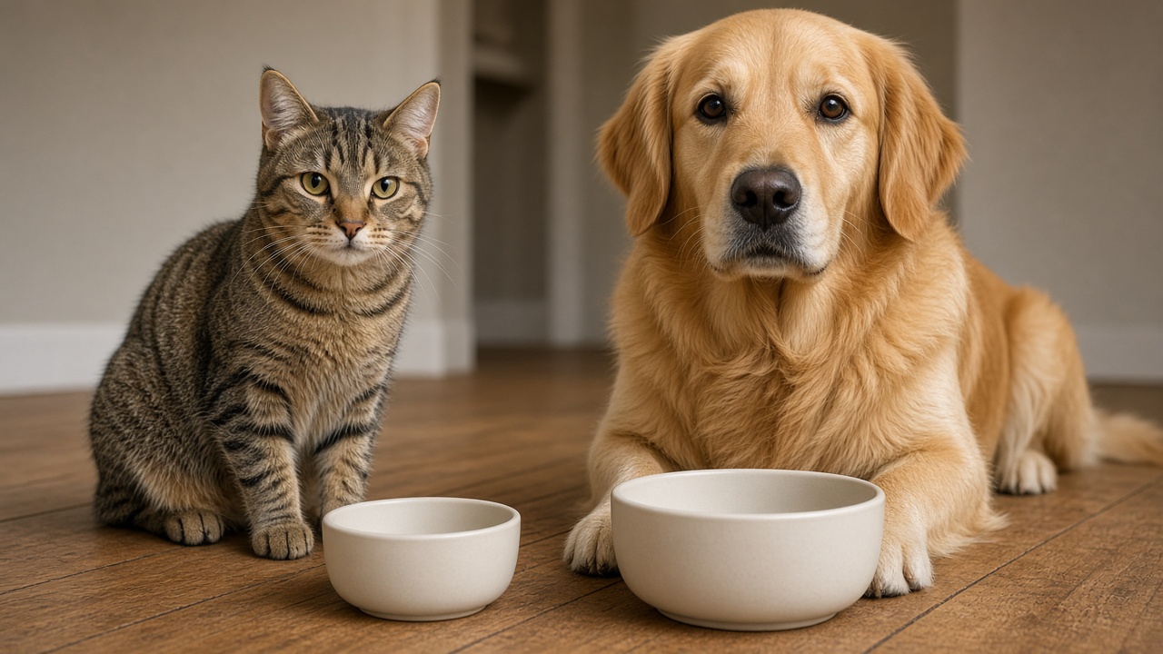 An adult cat and a large dog beside two plain food bowls of different sizes.