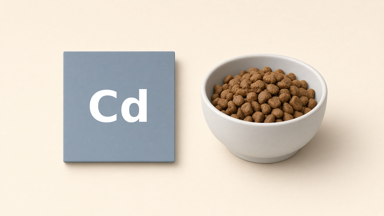 A tile labeled Cd beside a plain bowl of cat food.