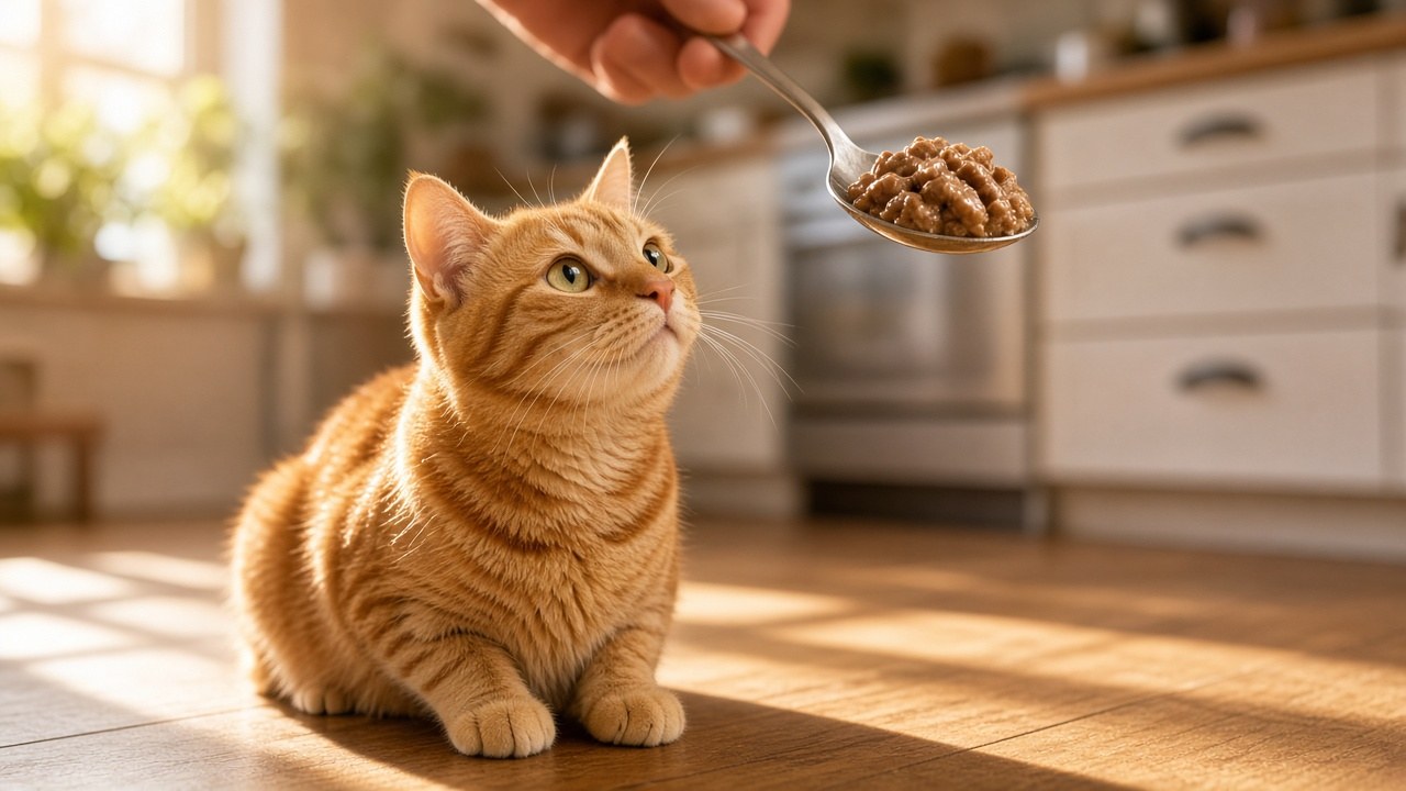 Cat looking up at a spoonful of food in a sunny kitchen.