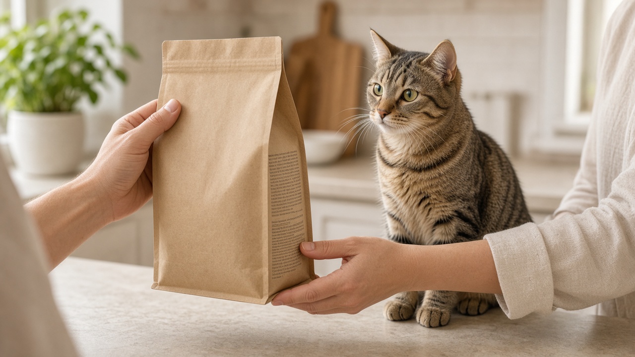 Cat owner reading the ingredient list on a bag of cat food while their cat watches.