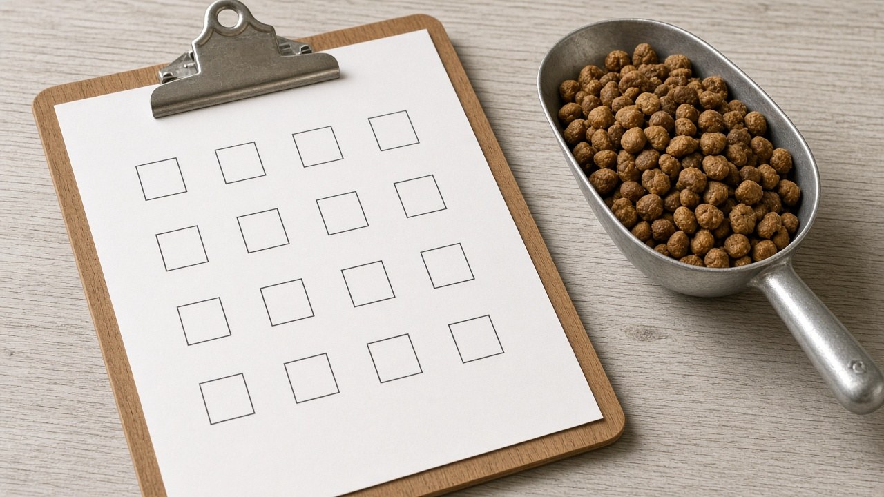 Clipboard with a blank checklist next to a scoop of dry pet food.