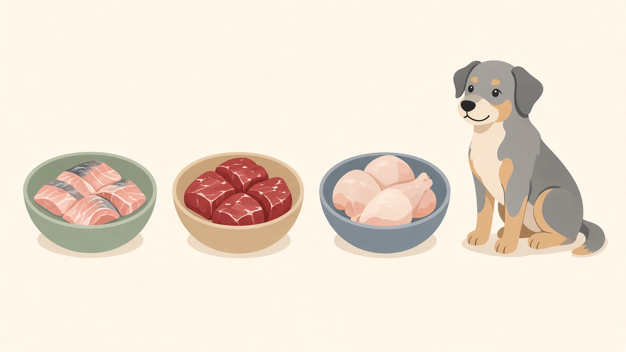 Illustration of three plain bowls holding fish, red meat, and poultry beside a dog.