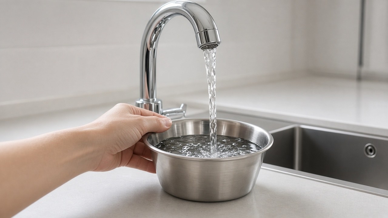 Hand filling a plain pet water bowl at a kitchen faucet.