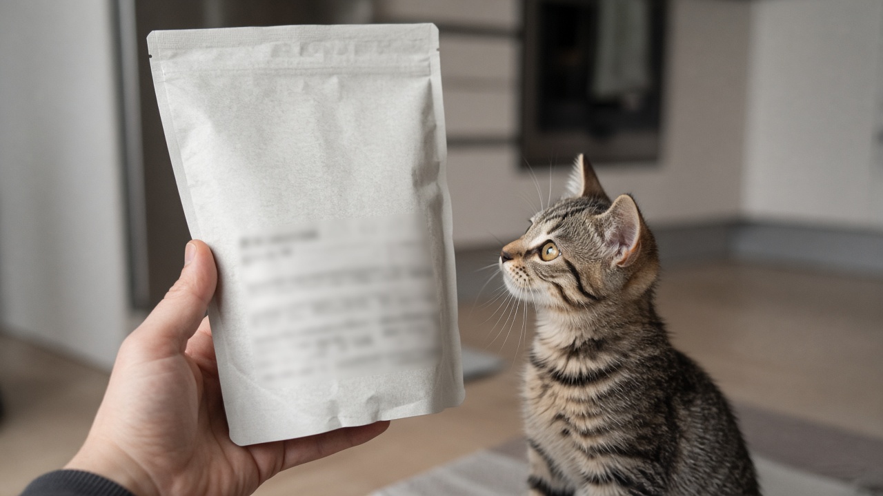 Hand holding a plain pet food bag turned to its small print, with a kitten nearby.