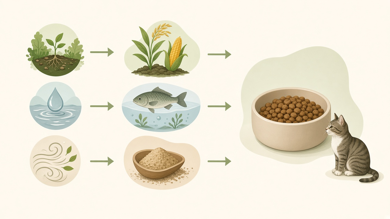 Illustration of trace metals moving from soil, water, and air through crops, fish, and minerals into a cat's food bowl.