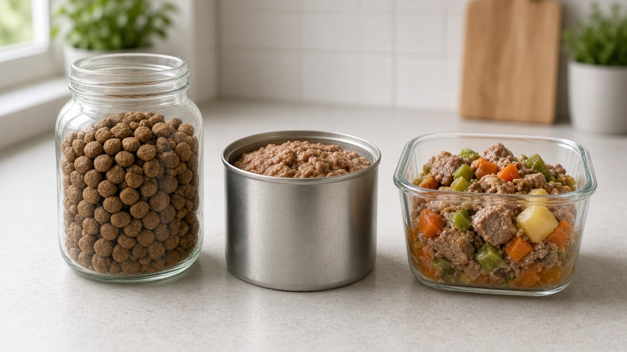 Jar of kibble, an open unlabeled can and a container of fresh pet food.