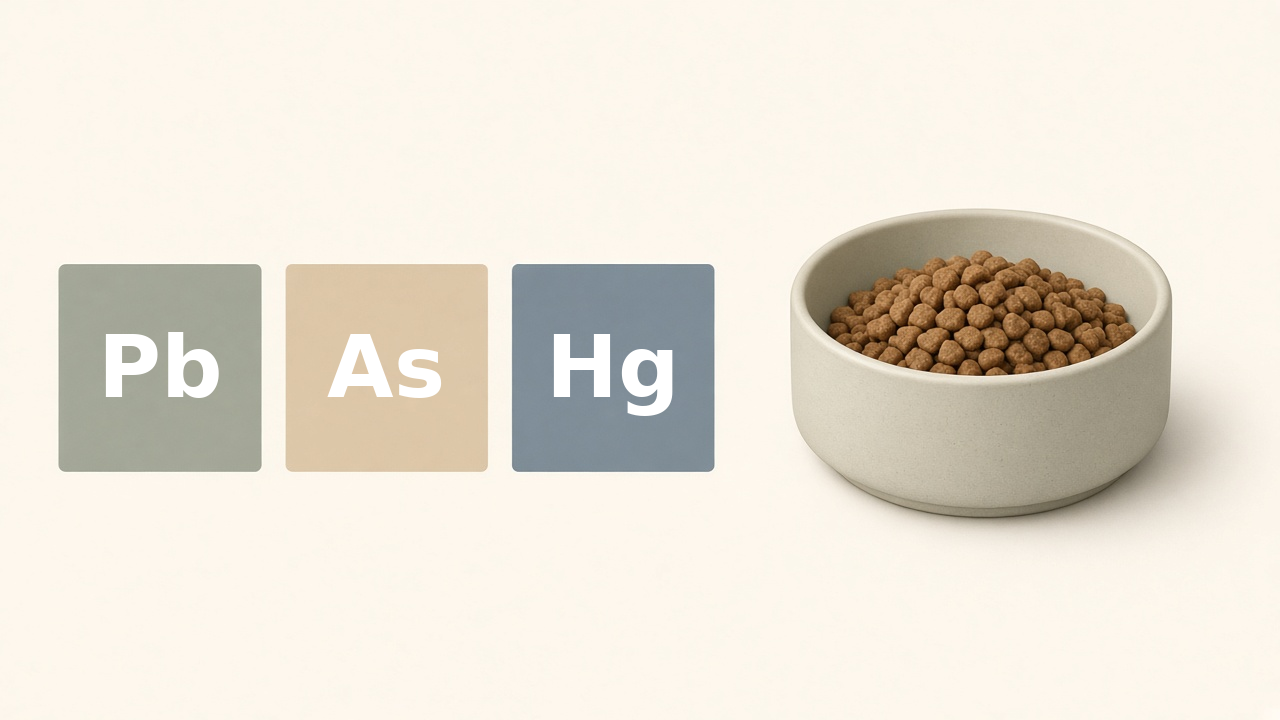 Three tiles labeled Pb, As, and Hg beside a plain bowl of dry cat food.