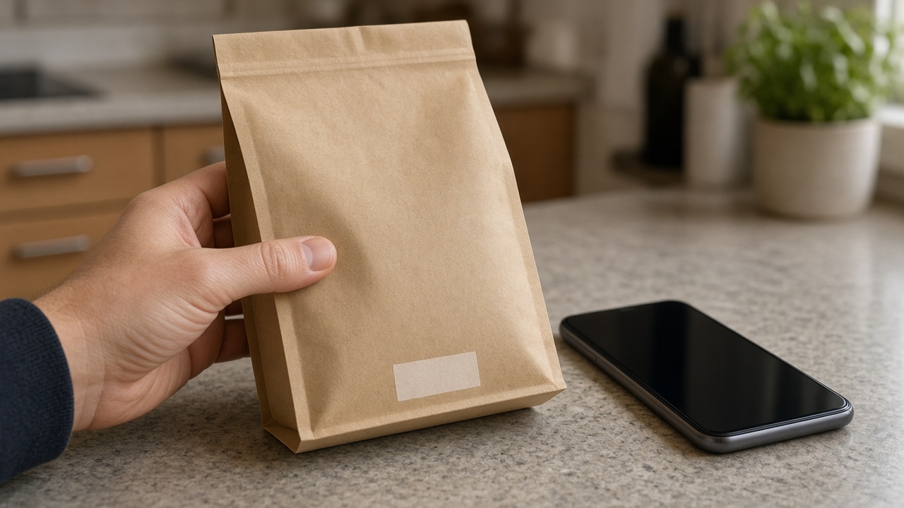 Owner holding a plain pet food bag turned to the lot code area.