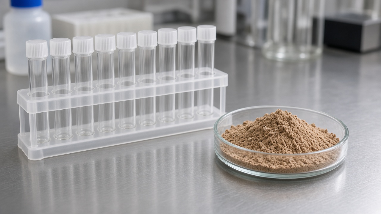 Sealed sample tubes beside a dish of ground pet food on a lab bench.