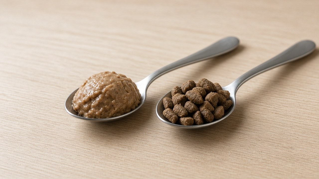 A spoonful of wet pet food next to a spoonful of dry kibble.