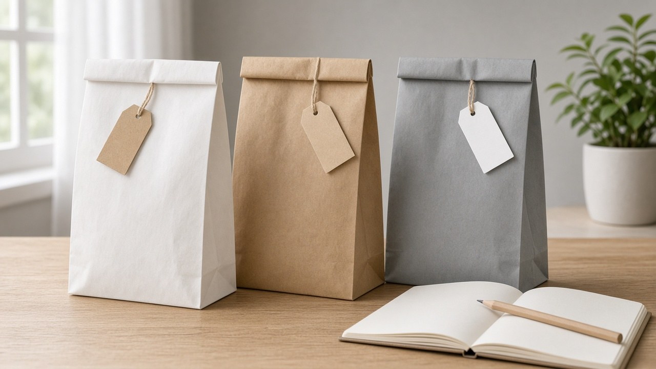 Three plain pet food bags with blank tags beside a notepad.